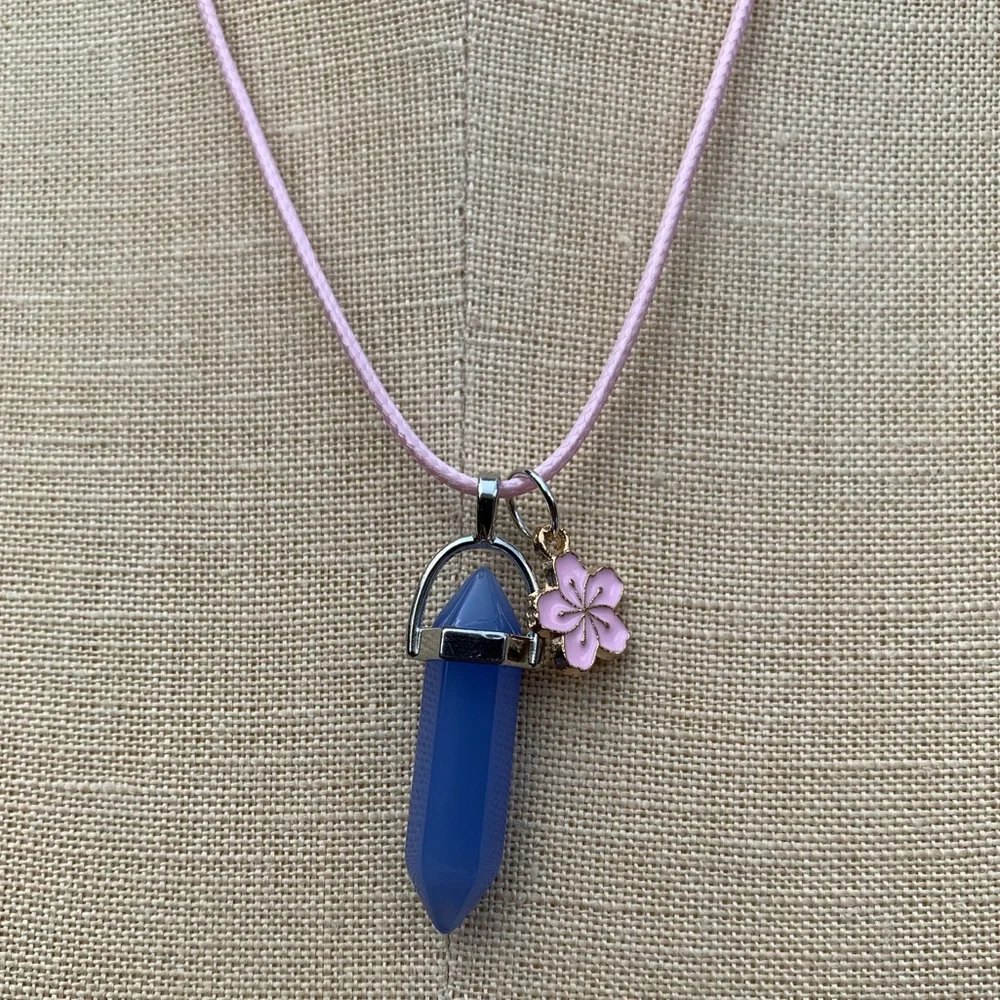 Handmade Periwinkle Crystal Amulet Necklace & Cherry Blossom 🌸 Flower Charm - Picture 7 of 7
